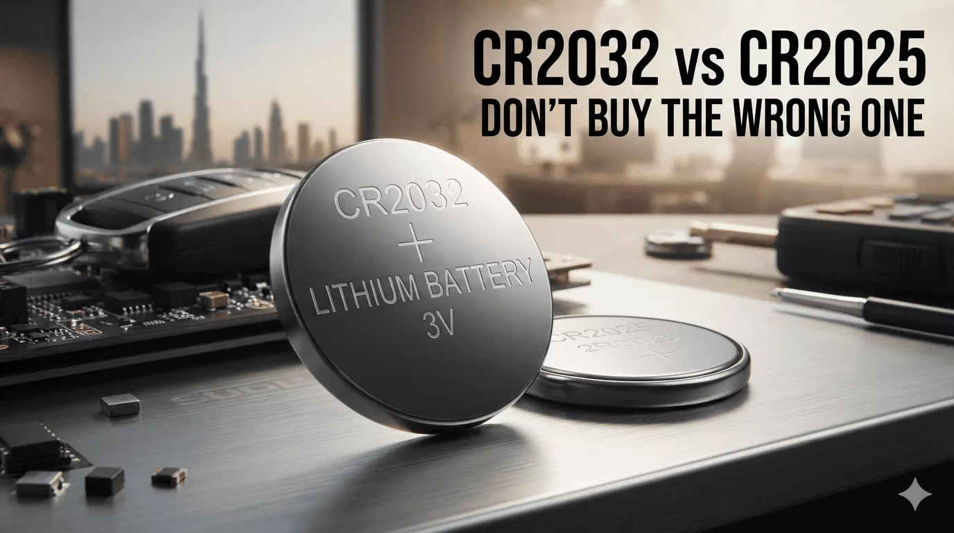 CR2032 vs CR2025 batteries comparison showing battery thickness and UAE buying guide