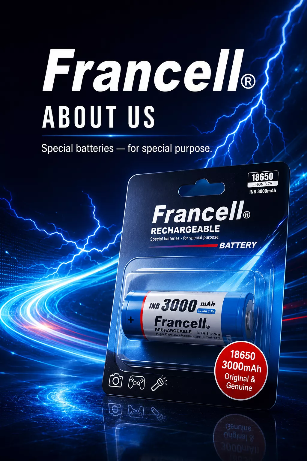 Francell Battery About Us banner featuring premium 18650 lithium-ion rechargeable batteries and battery solutions in the UAE.