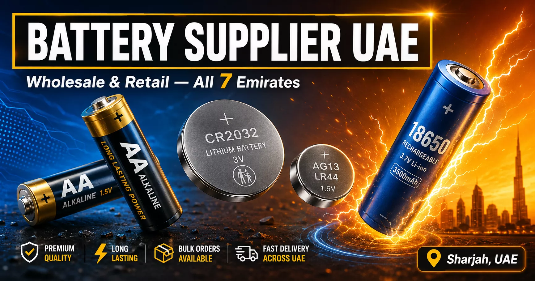 Battery supplier in Sharjah UAE supplying AA alkaline, CR2032, AG13 LR44 and 18650 rechargeable batteries