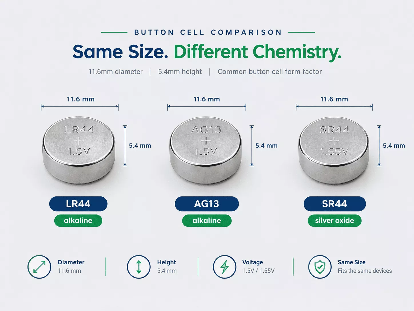 LR44, AG13 and SR44 button cells side by side with matching 11.6mm by 5.4mm dimensions