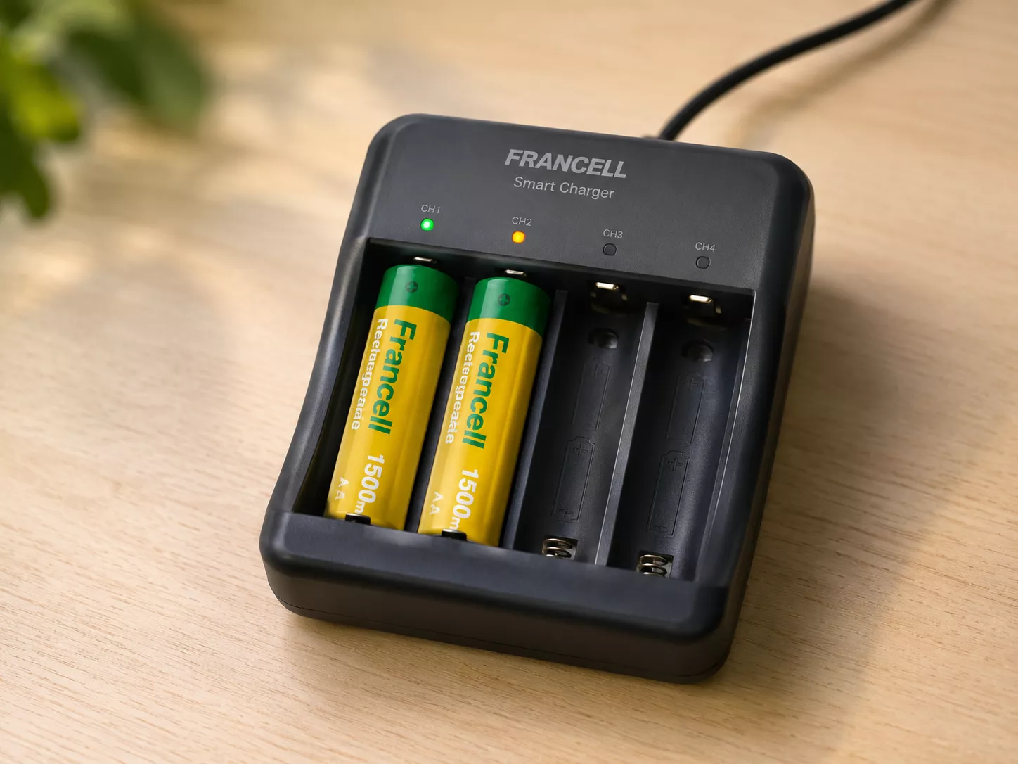 Smart AA battery charger with Francell rechargeable batteries showing charge status LEDs